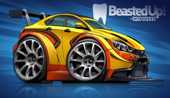 Rule 34 | artist name, car, censored, chibi, fake censor, from side, lada (car), lada vesta, mosaic censoring, motor vehicle, nitrouzzz, no humans, original, reflection, reflective floor, spoiler (automobile), vehicle focus, yellow car