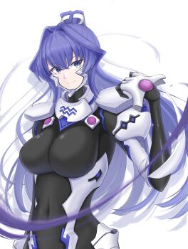 1girl black_bodysuit black_gloves blue_eyes blue_hair bodysuit cheek_covers closed_mouth commentary_request covered_navel fortified_suit gem gloves hair_intakes hair_ribbon high_ponytail highres impossible_bodysuit impossible_clothes latex latex_bodysuit long_hair looking_at_viewer mecha_pilot_suit mitsurugi_meiya muv-luv muv-luv_alternative ponytail purple_gem ribbon shiny_clothes simple_background sin_sin_shinji smile solo upper_body white_background white_ribbon