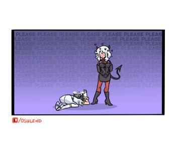 angel azazel_(helltaker) begging black_hair black_horns black_tail blush boots can_i_try_rizzing_you_up_(meme) demon_girl demon_horns demon_tail desperation english_text gloves halo heart heart-shaped_pupils helltaker high_heel_boots high_heels horns jacket long_sleeves meme modeus_(helltaker) multiple_girls open_mouth osulan pantyhose patreon_logo pink_background prostration red_pantyhose red_sweater ribbed_sweater shirt short_hair sweater symbol-shaped_pupils tail turtleneck white_hair zoomer_slang