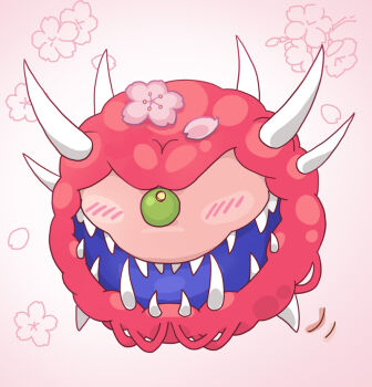 blue_mouth cacodemon cherry_blossoms colored_sclera colored_skin commentary_request demon doom_(series) floating flower flower_on_head full_body green_sclera horns kurashiki_nanka looking_up monster monster_focus motion_lines no_humans one-eyed open_mouth pink_background pink_flower red_skin sharp_teeth simple_background smile spikes teeth yellow_eyes
