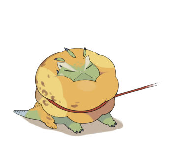 :< =_= animal_focus closed_eyes creature full_body highres ikuchi_osutega leash leash_pull monster_hunter_(series) no_humans resisting royal_ludroth simple_background solo tail white_background