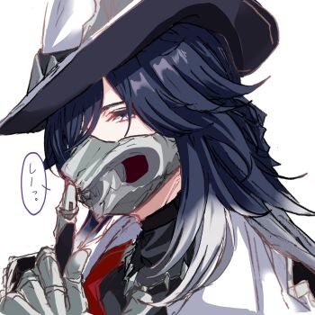 Rule 34 | 1boy, ashveil (honkai: star rail), black hair, black shirt, claw ring, commentary, fedora, gradient hair, hat, hat ornament, highres, honkai: star rail, honkai (series), jacket, jewelry, long hair, male focus, mask, mouth mask, multicolored hair, necklace, purple eyes, shirt, simple background, solo, supplicant mask, terubayashi, tooth necklace, turtleneck, untranslatable commentary, white background, white hair, white hat, white jacket
