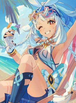 1girl absurdres armpits asagihisui bandana bike_shorts blue_bandana blue_bike_shorts blue_boots blue_pupils blue_shorts boots breasts cocktail_glass cup dark-skinned_female dark_skin drinking_glass dutch_angle fingerless_gloves fish-shaped_pupils flower genshin_impact gloves grin highres holding holding_cup mualani_(genshin_impact) ocean one_eye_closed outdoors purple_flower red_eyes shorts sideboob sitting small_breasts smile solo summer tan tan_tattoo white_gloves white_hair