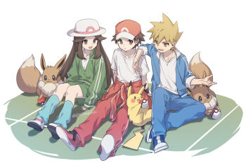 1girl 2boys 88_(einnimnech) baseball_cap blue_jacket blue_oak blue_pants blue_socks breasts brown_eyes brown_fur brown_hair closed_mouth clothes_around_waist collarbone eevee gen_1_pokemon green_jacket green_shorts gym_shirt gym_uniform hat highres jacket jacket_around_waist jewelry leaf_(pokemon) long_hair long_sleeves loose_socks multiple_boys necklace nintendo open_clothes open_jacket open_mouth pants pikachu poke_ball poke_ball_(basic) pokemon pokemon_(creature) pokemon_frlg red_(pokemon) red_jacket red_pants shirt shoes short_hair short_sleeves shorts sitting smile socks spiked_hair track_pants track_suit white_hat white_shirt