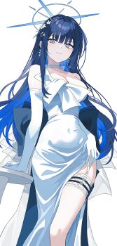 1girl blue_archive blue_eyes blue_hair blue_halo choker colored_inner_hair commentary_request covered_navel dress elbow_gloves flower garter_straps gloves hair_flower hair_ornament halo highres korean_commentary looking_at_viewer multicolored_hair official_alternate_costume saori_(blue_archive) saori_(dress)_(blue_archive) simple_background solo white_background white_choker white_dress white_flower white_garter_straps white_gloves yeon2ry
