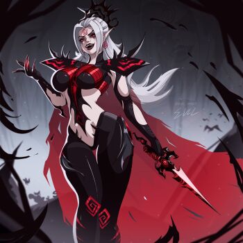 1girl absurdres armor black_eyeshadow bodysuit breastplate breasts cape commentary corruption dark_persona demon_girl english_commentary evil_rise7 eyeshadow fang hela_(marvel) hela_(queen_in_black)_(marvel) highres holding holding_weapon horror_(theme) looking_at_viewer makeup marvel marvel_rivals possessed possession red_eyes skin_tight solo symbiote weapon white_hair