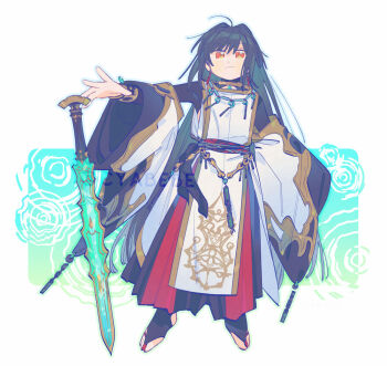 Rule 34 | 1other, ahoge, amenomurakumo-no-tsurugi (fate), androgynous, black hair, black hakama, earrings, fate/grand order, fate (series), full body, hair down, hakama, hakama pants, jade (gemstone), japanese clothes, jewelry, long hair, long sleeves, multicolored pants, nagatekkou, necklace, oneroom-disco, orange eyes, pants, partially toeless legwear, red hakama, solo, two-tone pants, very long hair, wide sleeves, yamato takeru (fate), yamato takeru (third ascension) (fate)