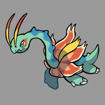 absurdres adoptable animal_focus antennae aqua_eyes colored_sclera commentary english_commentary fakemon full_body gen_2_pokemon grey_background highres long_neck meganium nintendo no_humans original plesiosaur pokemon pokemon_(creature) pokemon_focus red_pupils rgreywind simple_background solo yellow_sclera