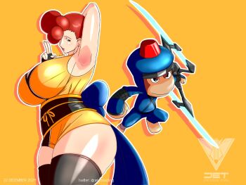 1boy 1girl akie_(saru_getchu) armpits artist_name breasts dated green_eyes highres huge_breasts japanese_clothes jet_doodling legs looking_at_viewer mature_female ninja pipo_monkey puckered_lips red_hair saru_getchu seductive_gaze sideboob solo sony thick_thighs thighs weapon