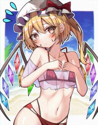 Rule 34 | 1girl, @ @, absurdres, beach, bikini, blonde hair, blue sky, blush, bow, breasts, closed mouth, cloud, cloudy sky, commentary, crystal, day, flandre scarlet, flying sweatdrops, hat, hat bow, head tilt, highres, horizon, kiui (dagk8254), light frown, looking at viewer, medium hair, mob cap, multi-strapped bikini bottom, ocean, one side up, oudondk, red bikini, sky, small breasts, solo, standing, sweatdrop, swimsuit, swimsuit cover-up, touhou, white hat, wings