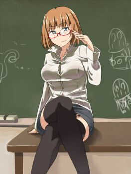 10s 1girl bespectacled blue_eyes brave_witches camera chalkboard classroom cross-section crossed_legs drawing female_focus garter_straps glasses gundula_rall looking_at_viewer orange_hair ovaries school short_hair sitting ski_mask smile solo strike_witches teacher thighhighs underwear uno_ichi uterus world_witches_series