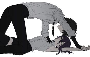 1boy 1girl aiomita black_hair black_pants black_shorts black_thighhighs chainsaw_man face-to-face hair_between_eyes highres holding_another&#039;s_wrist long_sleeves looking_at_another neck_ribbon pants parted_lips pinned purple_hair red_eyes reze_(chainsaw_man) ribbon shirt shirt_tucked_in short_hair shorts simple_background sleeveless sleeveless_shirt smile thighhighs undershirt white_background white_shirt yoshida_hirofumi yukadon