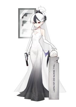 1girl alternate_costume alternate_hairstyle blue_archive breasts bride cleavage_cutout clothing_cutout commentary_request demon_horns demon_wings dress ear_piercing earrings elbow_gloves english_text expressionless facing_viewer fataaa full_body gloves gradient_clothes gradient_dress grey_halo gun hair_behind_ear hair_bun halo handgun high_heels holding holding_gun holding_weapon horns jewelry kayoko_(blue_archive) long_dress looking_at_viewer multicolored_clothes multicolored_hair panties parted_lips piercing red_eyes see-through_clothes see-through_dress simple_background single_sidelock skull_head small_breasts solo streaked_hair train_(clothing) two-tone_hair underwear weapon wedding_dress white_background white_dress white_footwear white_gloves white_hair white_panties wings