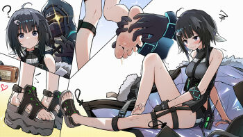 1girl 1other ? ahoge alcohol arknights bare_shoulders barefoot beer beer_can behind_another black_eyes black_gloves black_hair black_sandals blush can chinese_commentary closed_mouth coat commentary_request doctor_(arknights) drink_can feet fingerless_gloves fur-trimmed_coat fur-trimmed_sleeves fur_trim gloves hair_ornament hairclip heart highres infection_monitor_(arknights) la_pluma_(arknights) paid_reward_available platform_sandals pouring qiufengxiaose sandals short_hair sitting soles sweat tickling tickling_feet toes twitching unworn_coat