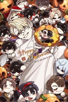 6+boys aegyo_sal black_eyes blonde_hair costume crowded grin han_myungoh happy_halloween head_tilt highres kim_dokja knees_up lee_hakhyun looking_at_viewer mini_person miniboy multiple_boys nicayuko official_alternate_costume oldest_dream omniscient_reader&#039;s_viewpoint pumpkin robe smile stitches sun_wukong_(omniscient_reader&#039;s_viewpoint) white_robe yoo_joonghyuk