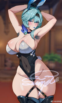 1girl alternate_breast_size_(larger) alternate_costume animal_ears armpit_hair armpits arms_behind_head arms_up bare_shoulders black_gloves black_hairband blue_eyeshadow blue_hair blue_lips blush breasts chinese_commentary cleavage commentary_request covered_navel eula_(genshin_impact) eyeshadow fake_animal_ears genshin_impact gloves hairband highres huge_breasts kuook leotard lipstick looking_at_viewer makeup male_pubic_hair mole mole_on_breast playboy_bunny pubic_hair rabbit_tail sample_watermark strapless strapless_leotard sweat tail thick_thighs thighs watermark weibo_username weibo_watermark