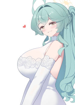 1girl absurdres ahoge alternate_costume aqua_hair blue_archive breasts commentary dress half_updo halo heart highres huge_ahoge huge_breasts korean_commentary long_hair looking_at_viewer looking_to_the_side solo tomid very_long_hair wedding_dress white_dress yume_(blue_archive)
