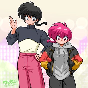 1boy 1girl braid dual_persona genderswap genderswap_(mtf) pink_eyes pink_hair ranma-chan ranma_1/2 saotome_ranma single_braid