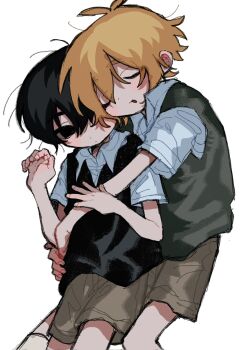 2boys antenna_hair basil_(faraway)_(omori) basil_(omori) black_eyes black_hair black_sweater_vest blonde_hair brown_shorts closed_mouth collared_shirt double-parted_bangs green_sweater_vest hair_between_eyes highres hug hug_from_behind kobanzame_omo looking_at_another male_focus multiple_boys omori parted_lips shirt short_hair short_sleeves shorts sidelocks simple_background sunny_(omori) sweater_vest white_background white_shirt