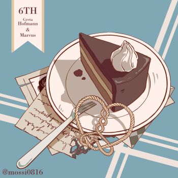 absurdres blue_background cake cake_slice english_text food food_focus fork highres hofmann_knot letter mossi_(mossi0816) no_humans plate reverse:1999 sachertorte_(food) twitter_username