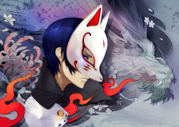 Rule 34 | 10s, 1boy, absurdres, blue hair, dragon, flower, fox (persona 5), highres, kiguri, kitagawa yuusuke, male focus, mask, persona, persona 5, portrait, red flower, solo, spider lily
