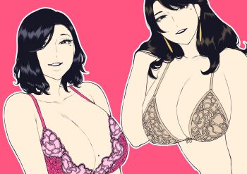 2girls absurdres black_eyes black_hair bra breasts earrings flat_color half-closed_eyes highres jewelry large_breasts looking_at_viewer medium_hair mole mole_on_breast mole_under_eye multiple_girls nattapuumuu open_mouth original pink_background short_hair simple_background smile teeth underwear upper_body upper_teeth_only