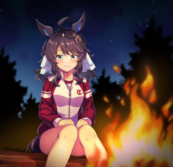 1girl ahoge animal_ears black_hair blue_eyes blush breasts campfire closed_mouth collarbone daring_tact_(umamusume) fire hair_ornament horse_ears horse_girl horse_tail jacket log long_sleeves looking_at_viewer night night_sky red_jacket red_shorts shinohara_shinome shorts sitting sitting_on_log sky smile solo star_(symbol) star_hair_ornament tail tracen_training_uniform track_jacket tree umamusume