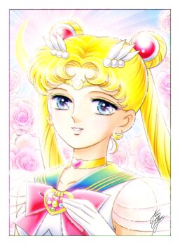 1girl bishoujo_senshi_sailor_moon blonde_hair blue_eyes blue_sailor_collar border brooch choker circlet crescent crescent_earrings double_bun earrings female_focus floral_background flower gloves hair_bun heart heart_brooch jewelry magical_girl marco_albiero parted_lips pink_flower pink_lips pink_rose portrait rose sailor_collar sailor_moon signature smile solo super_sailor_moon tsukino_usagi twintails white_border white_gloves
