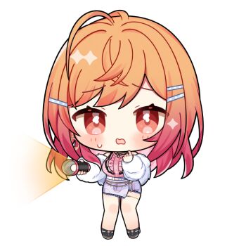Rule 34 | 1girl, black shoes, blush, chibi, chibi only, commentary request, flashlight, full body, gradient hair, hair ornament, hairclip, holding, holding flashlight, hololive, hololive dev is, ichijou ririka, jacket, kashiwase karune, long hair, long sleeves, multicolored hair, open clothes, open jacket, open mouth, orange hair, parallel hairclips, pink shirt, purple skirt, red eyes, red hair, shirt, shoes, skirt, solo, standing, transparent background, trembling, two-tone hair, virtual youtuber, white jacket