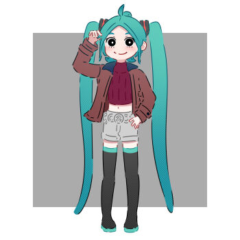 1girl absurdres alternate_costume aqua_hair black_boots boots border brown_jacket closed_mouth commentary cropped_sweater grey_background grey_shorts hand_up hatsune_miku highres jacket long_hair long_sleeves looking_at_viewer midriff navel open_clothes open_jacket outside_border red_sweater rennkurusu short_shorts shorts smile solo sweater thigh_boots twintails very_long_hair vocaloid white_border