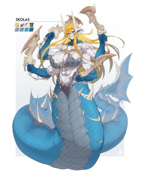 1girl abs biceps blue_scales cracked_skin fingernails gills grey_scales highres horns long_hair monster_girl multiple_horns muscular muscular_female ocean okasbasement orange_hair original reference_sheet sharp_fingernails skolas slit_pupils spines
