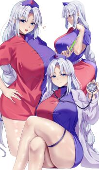 1girl absurdres blue_dress blue_eyes braid breasts commentary_request cross crossed_legs doctor dress grey_hair hand_on_own_hip hat highres holding holding_stethoscope holding_syringe lab_coat large_breasts long_hair looking_at_viewer mirufi_(milfiiiiyu) multicolored_dress multiple_views nurse_cap red_cross red_dress short_sleeves single_braid skindentation smile sparkle stethoscope syringe thigh_strap touhou white_background yagokoro_eirin