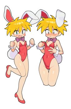 1girl animal_ears batrobin_k blonde_hair bow bowtie breasts commentary_request dual_persona hair_between_eyes highres keiou_yuugekitai leotard nanahikari_rami playboy_bunny rabbit_ears rabbit_tail red_leotard red_shoes shoes short_hair simple_background small_breasts tail thigh_gap white_background wrist_cuffs