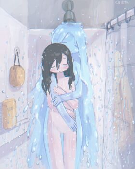 2girls artist_name blue_hair blue_skin blush brown_hair closed_eyes colored_skin commentary completely_nude english_commentary flat_chest highres hug indoors kurohanenone long_hair monster_girl multiple_girls no_pussy nude original personification shower_(place) shower_head showering slime_girl sponge very_long_hair water water_drop wet wet_hair