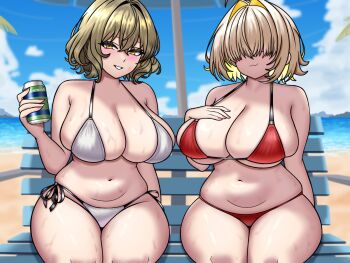 2girls ahoge anis_(nikke) beach beach_umbrella belly bench bikini blonde_hair blush breasts brown_hair can cleavage covered_eyes curvy drink_can elegg_(nikke) goddess_of_victory:_nikke hair_intakes hair_over_eyes hand_on_own_chest highres holding holding_can huge_breasts lips mommymilkers3k muffin_top multiple_girls navel ocean on_bench outdoors pink_eyes pink_nails plump red_bikini short_hair side-tie_bikini_bottom sitting skindentation sky smile soda_can swimsuit thick_thighs thighs thong thong_bikini umbrella white_bikini wide_hips yellow_eyes