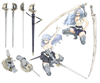 1girl armored_boots blue_eyes blue_hair blue_skirt bone boots bustier elbow_gloves gauntlets gloves high_heels highres holding holding_sword holding_weapon long_hair original pirata_(gailtonatiu) rapier sheath signature single_elbow_glove single_gauntlet skirt squatting sword weapon white_background