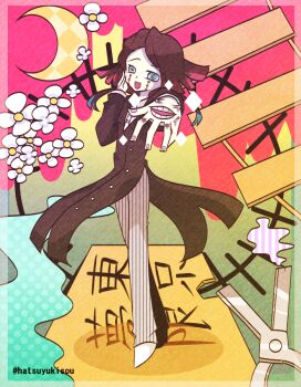 1boy :d artist_name black_hair black_jacket blue_eyes border buttons coattails colored_skin colored_tips commentary_request crescent_moon crossed_legs diamond_(shape) enmu_(kimetsu_no_yaiba) facial_mark floating_hair flower foreshortening full_body grey_pants hand_on_own_cheek hand_on_own_face hatsuyukisou imminent_attack jacket kimetsu_no_yaiba long_sleeves looking_at_viewer male_focus medium_hair moon multicolored_hair open_mouth outdoors outstretched_arm pants pawoo_username pink_sky pinstripe_pants pinstripe_pattern railroad_tracks raised_eyebrows reaching reaching_towards_viewer scene_reference shoes sky smile solo standing symbol-shaped_pupils tailcoat tears_facial_mark transparent_border trap undershirt unmoving_pattern watson_cross white_flower white_shoes white_skin