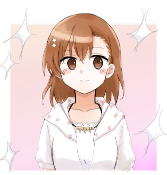 Rule 34 | 1girl, blush, border, brown eyes, brown hair, closed mouth, collarbone, flower, gradient background, hair between eyes, hair flower, hair ornament, highres, hood, hooded jacket, hoodie, jacket, jewelry, looking at viewer, medium hair, misaka mikoto, necklace, pink background, railgun (misaka mikoto), shirt, short hair, short sleeves, smile, solo, sparkle, sparkle background, suzumiya1633, toaru kagaku no railgun, toaru majutsu no index, upper body, white border, white flower, white hoodie, white jacket, white shirt