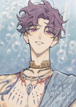 1boy air_bubble artist_name blue_background blue_sash body_markings bubble gold_choker highres jewelry looking_at_viewer love_and_deepspace male_focus necklace otakupup parted_bangs parted_lips purple_eyes purple_hair rafayel_(love_and_deepspace) sash short_hair solo sunlight underwater upper_body