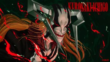 1boy absurdres artist_name bleach character_name colored_skin highres hollow_(bleach) hollow_ichigo hollow_mask horns kurosaki_ichigo long_hair male_focus orange_hair red_eyes solo white_skin zunedraws