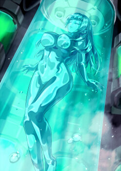 1girl absurdres alpha-152 blue_hair blue_skin breasts bubble colored_skin dead_or_alive encasement highres in_container kasumi_(doa) large_breasts liquid liquid_hair long_hair machine monster_girl nude slime_girl solo stasis_tank submerged tube vat water_tank yagi2013