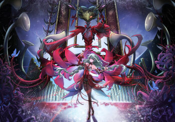 1girl absurdres arm_up bandaged_arm bandages black_pantyhose black_skirt breasts commentary detached_sleeves dress flower grey_hair hecate_(wuthering_waves) highres holding holding_flower hong_su0 long_hair looking_at_viewer medium_breasts pantyhose phrolova_(wuthering_waves) red_dress single_detached_sleeve skirt solo spider_lily tacet_discord_(wuthering_waves) wide_shot wuthering_waves