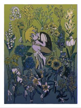 Rule 34 | 1boy, absurdres, analogous colors, anemone (flower), antenna hair, barefoot, basil (faraway) (omori), basil (omori), blonde hair, blue eyes, blue flower, bound, bound legs, brown shorts, carnation, chamomile, closed mouth, collared shirt, cool colored, cosmos (flower), dandelion, fetal position, floral background, flower, full body, half-closed eye, highres, hydrangea, lily (flower), lily of the valley, looking at viewer, looking to the side, male focus, milkymilkyshark, mimosa (flower), morning glory, muted color, omori, rapeseed blossoms, rose, shirt, short hair, short sleeves, shorts, solo, sunflower, tulip, white flower, white rose, white shirt, white tulip, yellow flower