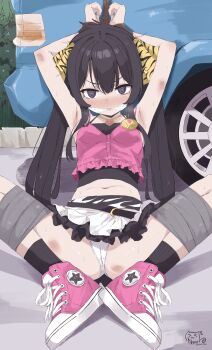 1girl @_@ armpits arms_up bare_arms bdsm black_hair black_socks blush bondage bound bound_legs bound_wrists breasts cameltoe cloth_gag commentary_request converse dirty gag gagged highres idolmaster idolmaster_cinderella_girls improvised_gag knees_up loli long_hair looking_at_viewer m_legs matoba_risa midriff miniskirt navel nose nose_blush nyne_star outdoors panties pink_shirt pink_shoes restrained rope shirt shoes signature sitting skirt sleeveless sleeveless_shirt small_breasts socks solo spread_legs tape tape_bondage twintails underwear very_long_hair white_panties white_skirt