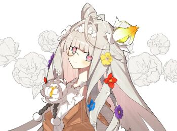 1girl commentary_request cone_hair_bun dress fate/grand_order fate_(series) flora_(fate) flower flower-shaped_pupils glasses hair_bun heart heart_hands kabutomushi_s long_hair looking_at_viewer monocle pink_eyes smile solo symbol-shaped_pupils white_hair
