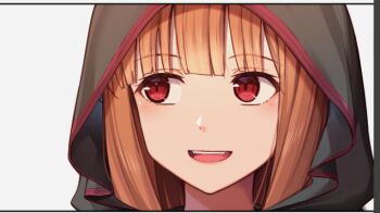 1girl :d blunt_bangs brown_hair commentary_request fangs holo hood hood_up light_blush long_hair looking_to_the_side marutenmaruten open_mouth portrait red_eyes simple_background slit_pupils smile solo spice_and_wolf straight_hair teeth upper_teeth_only white_background wolf_girl