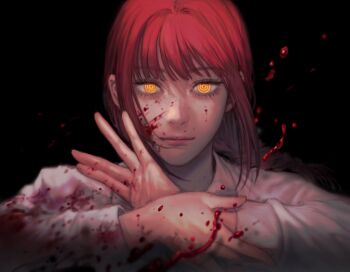 Rule 34 | 1girl, black background, black necktie, blood, blood on clothes, blood on face, blood splatter, chainsaw man, dark, dark background, highres, looking at viewer, makima (chainsaw man), medium hair, necktie, rangrarii, red hair, ringed eyes, shirt, sidelocks, simple background, solo, straight-on, white shirt, yellow eyes