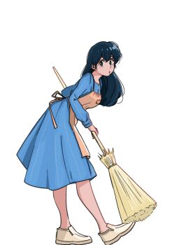 1girl apron bent_over blue_dress blue_eyes blue_hair broom chick_print dress highres holding holding_broom maison_ikkoku non-web_source otonashi_kyouko poppowerhearts print_apron simple_background solo standing