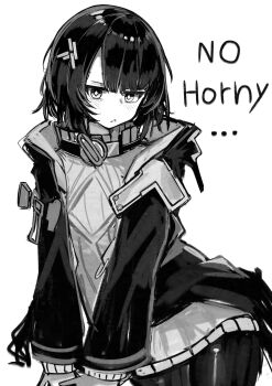 ... 1girl absurdres ar5l0v1g arknights arknights:_endfield averting_eyes black_jacket blush commentary d: diamond-shaped_pupils diamond_(shape) dot_nose endministrator_(arknights) english_commentary english_text female_endministrator_(arknights) greyscale high_collar highres jacket leaning_to_the_side long_sleeves medium_hair meme monochrome no_horny_(meme) no_mask open_clothes open_jacket open_mouth own_hands_together pantyhose simple_background solo sweater symbol-shaped_pupils white_background