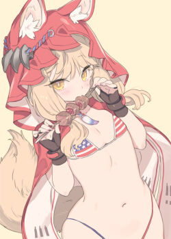 1girl american_flag american_flag_bikini american_flag_print animal_ear_fluff animal_ears arknights arknights:_endfield bikini black_gloves blade_(galaxist) blonde_hair cape cloak ears_through_headwear ears_through_hood eating fingerless_gloves flag_print flag_print_bikini flat_chest food gloves highres holding holding_food holding_skewer hood hood_up hooded_cape jewelry long_hair looking_at_viewer low-tied_sidelocks meat navel necklace print_bikini print_swimsuit red_cape red_cloak rossi_(arknights) sidelocks skewer solo swimsuit tail tooth_necklace wide_hips wolf_ears wolf_girl wolf_tail yellow_eyes
